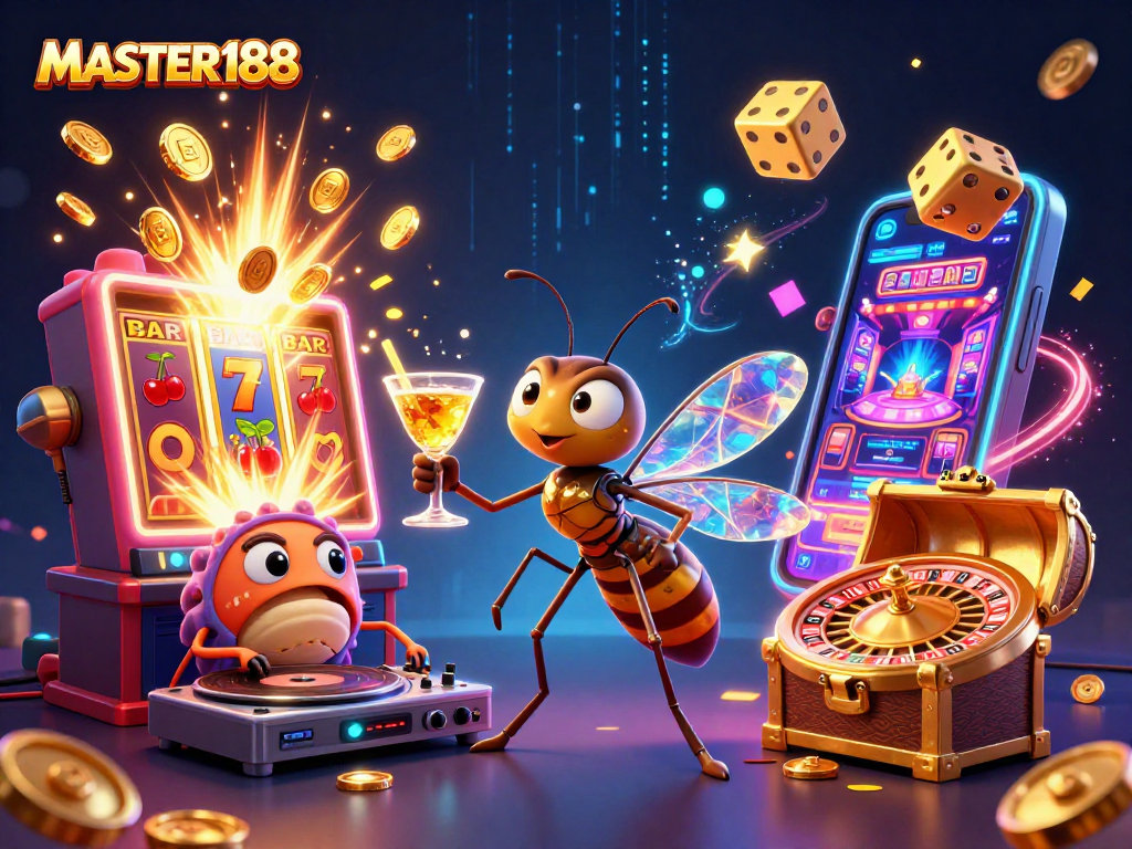 MASTER188 engages players with a vibrant 3D casino illustration featuring a unique scene of characters enjoying an exciting gaming atmosphere.