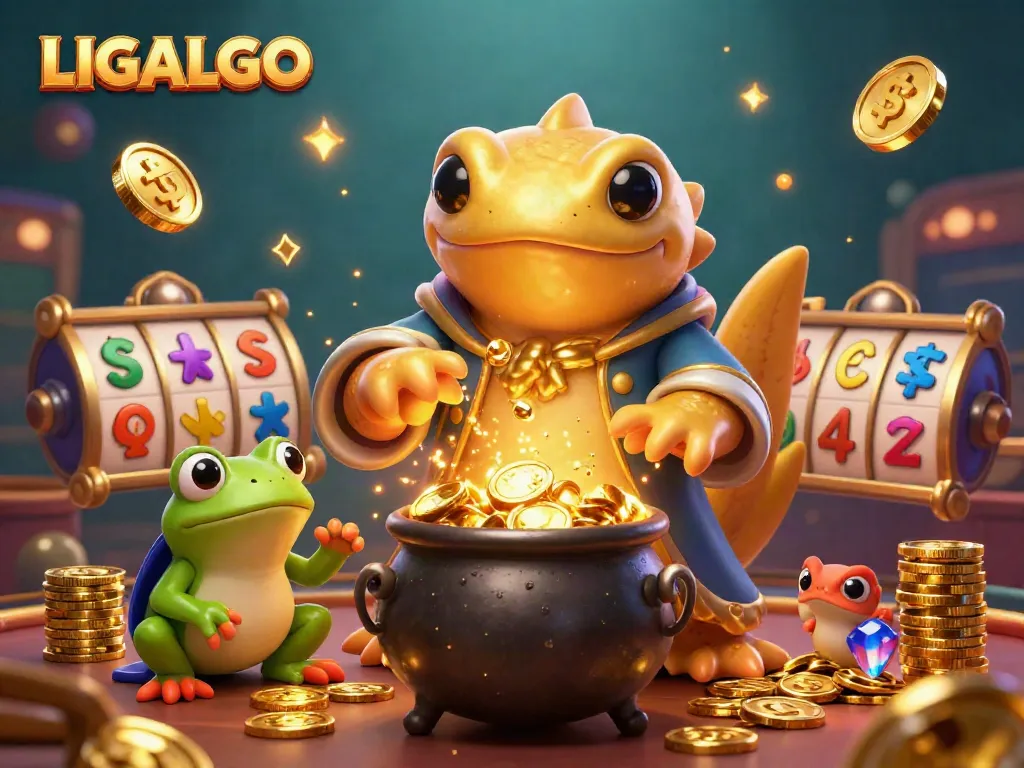 LIGALGO casino scene showcasing an alchemist converting base metals into gold with magical elements.