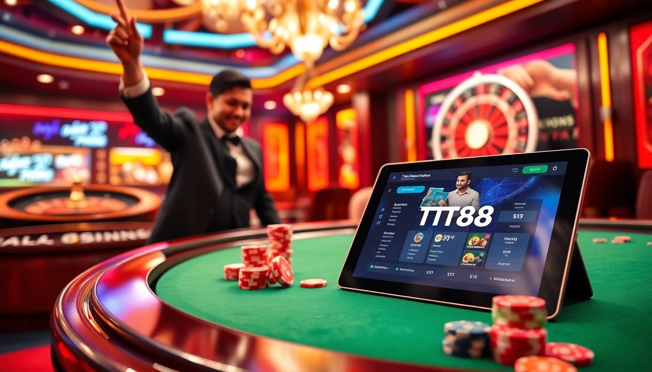 Experience the thrill of TT88 gaming with poker chips and a roulette wheel in a vibrant casino scene.