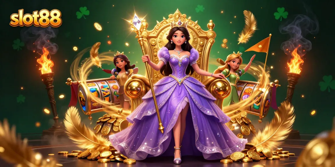 Spin the exciting slot88 reels amidst a dazzling casino scene featuring a royal princess.
