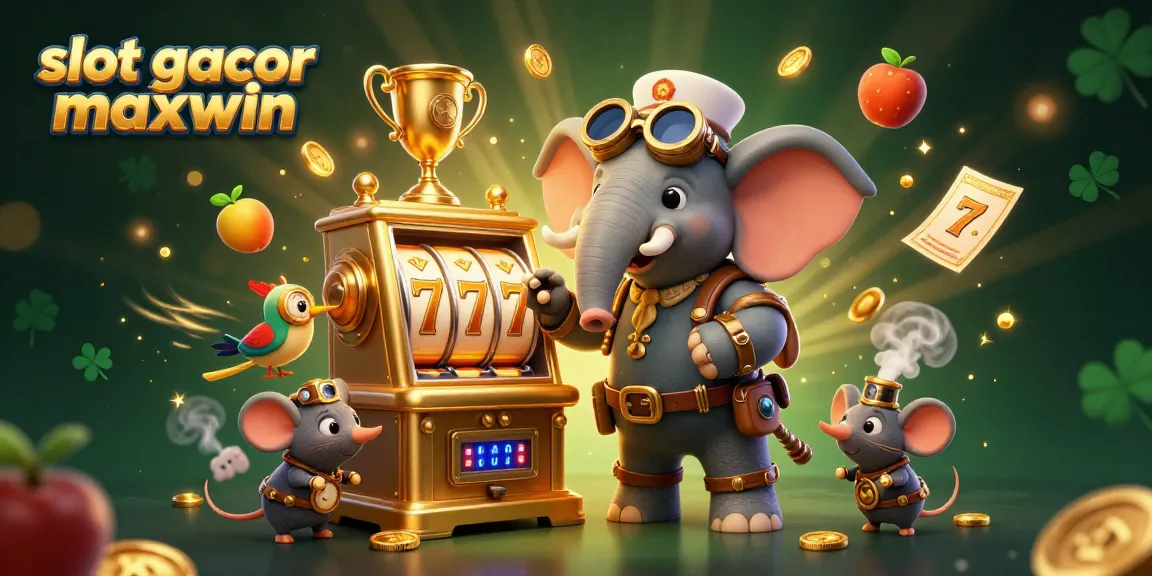 Jelajahi slot gacor maxwin dengan mesin slot emas yang dikelola oleh gajah steampunk di tengah koin dan simbol buah yang terbang.