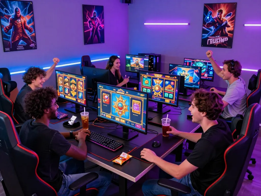 IDOLA88 gaming group enjoying slot games in an immersive atmosphere with colorful lights.