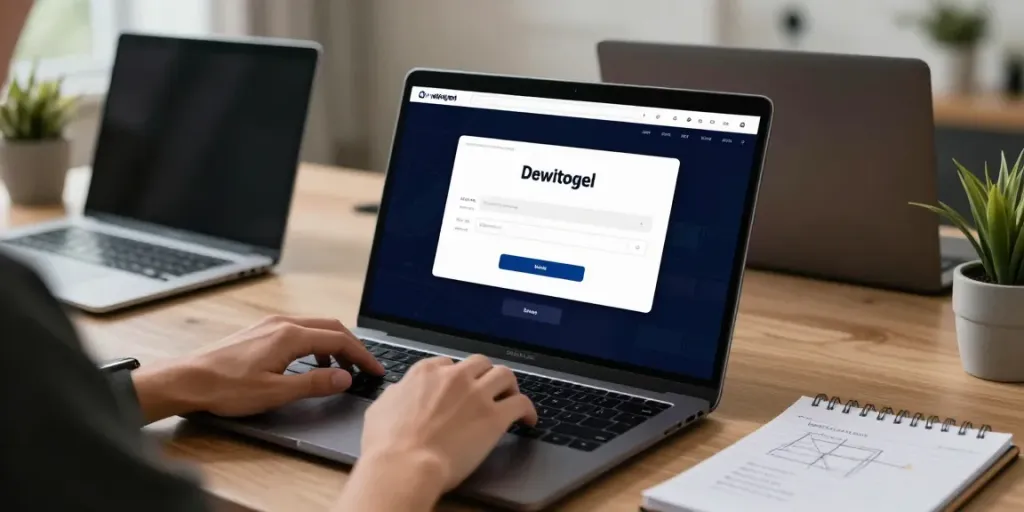 Proses login dewitogel di rumah dengan komputer dan catatan strategi.