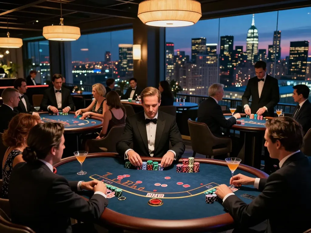 NoHu rooftop scene with players engaged in poker and blackjack under ambient lighting, overlooking Manhattan skyline.