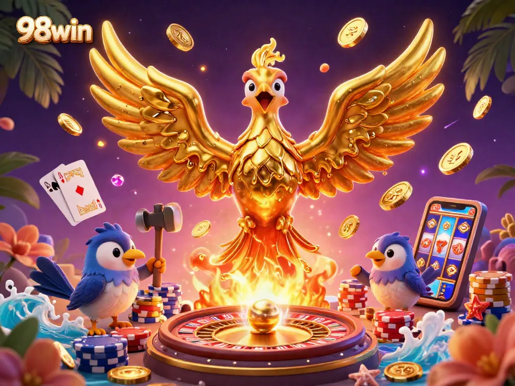 Spin and win at 98win with a vibrant phoenix rising from gold coins and swirling casino elements.
