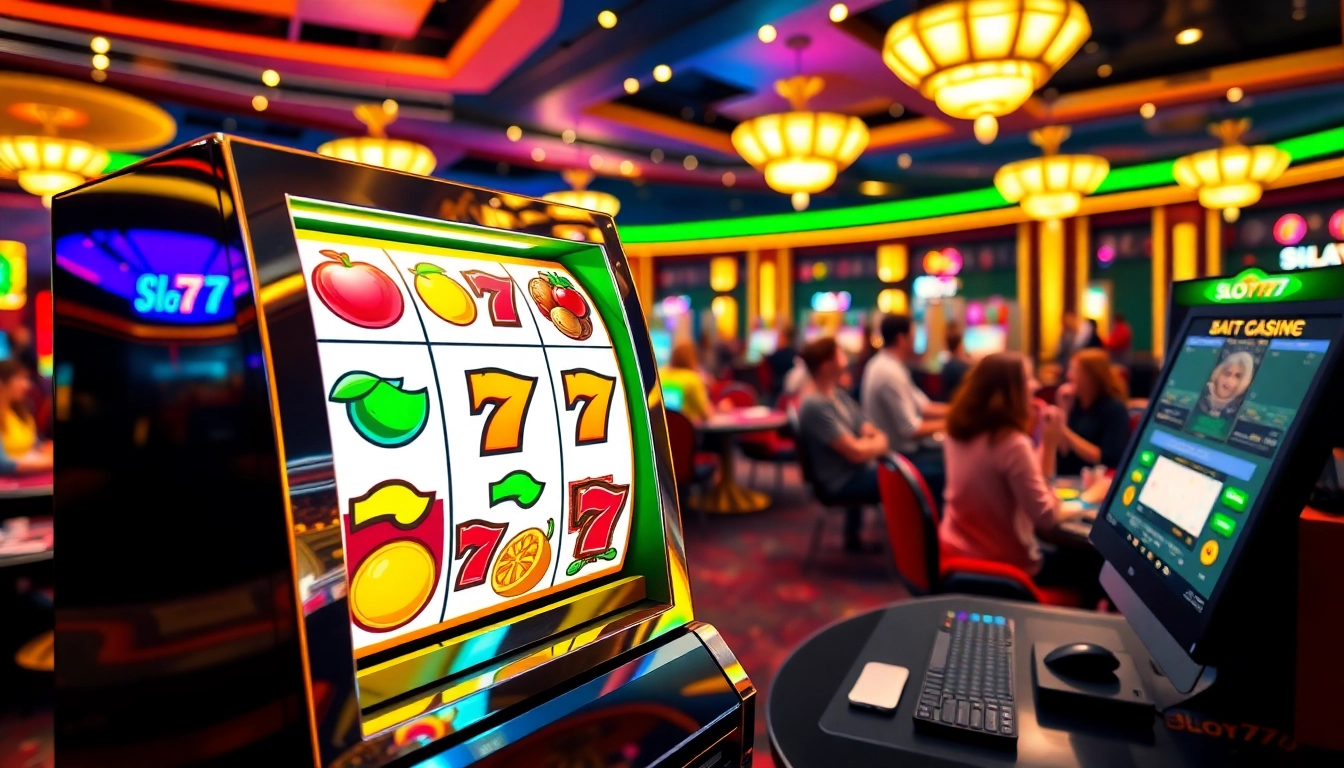 Players enjoying the thrill of slot777 login with vibrant slot machines in a lively casino setting.
