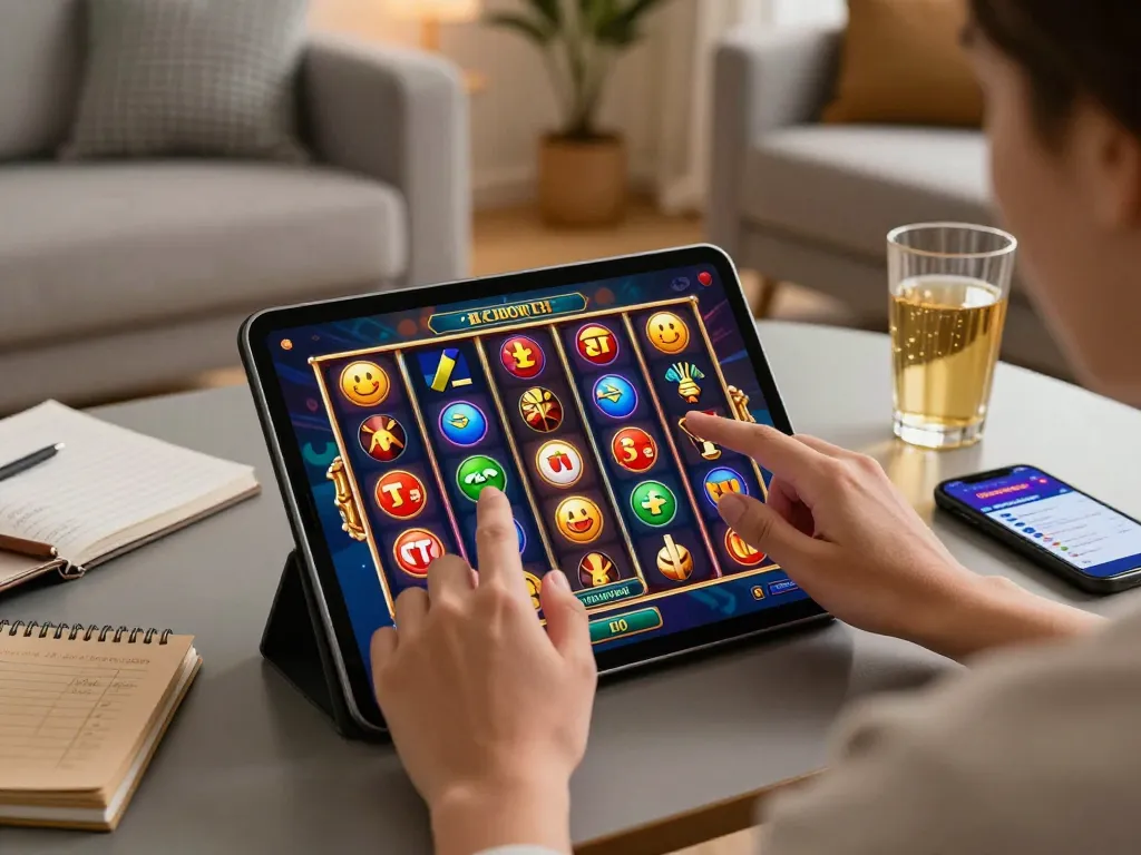 Engaging gameplay of Slot Resmi featured on a tablet in a cozy home setting, showcasing vibrant online gaming.