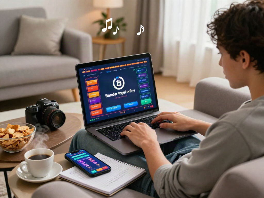 Individu menikmati bandar togel online di laptop dalam suasana santai dan nyaman.