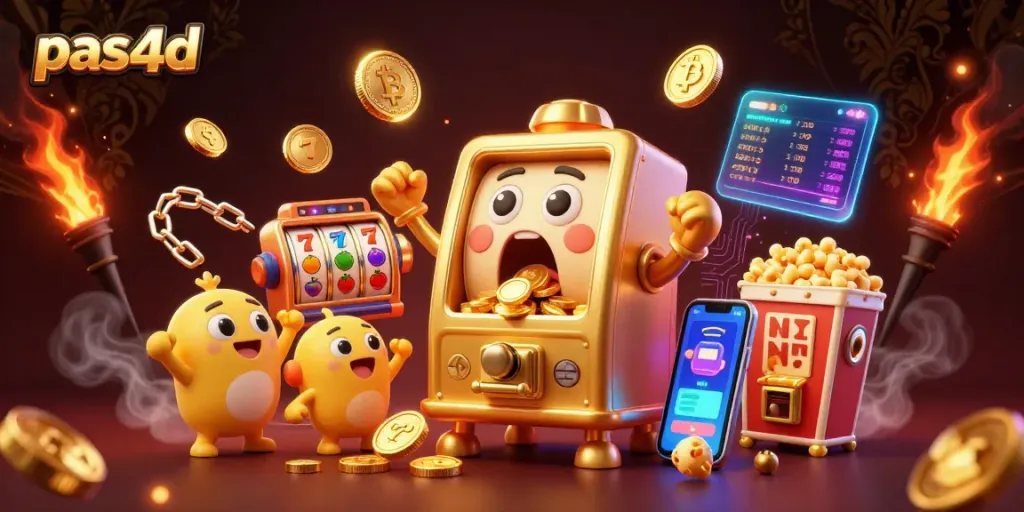 Pas4d tampilkan mesin slot emas yang sedang mendapatkan jackpot dengan ribuan koin berjatuhan.