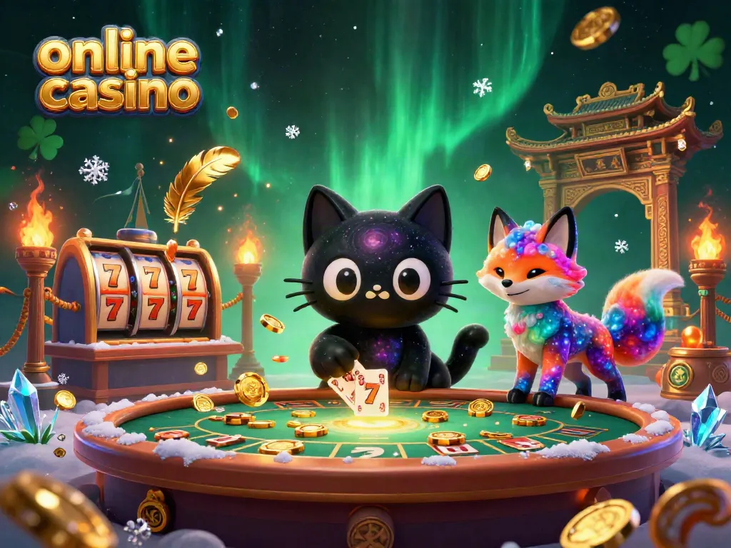Engaging scene illustrating an online casino with a black hole cat and nebula fox dynamic at the cosmic table.
