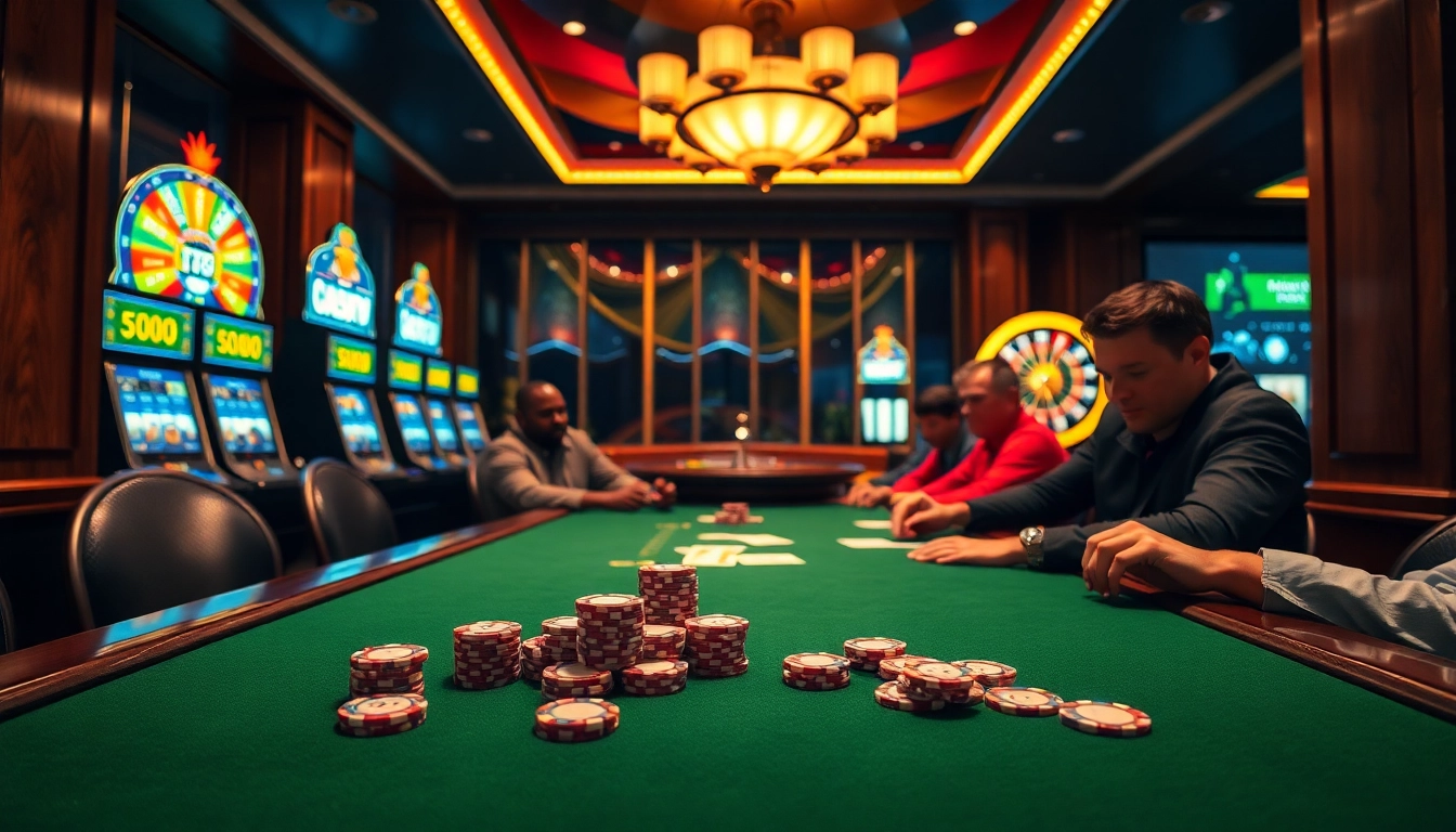 Engaging players at an AFK toto poker table amidst a vibrant casino backdrop.