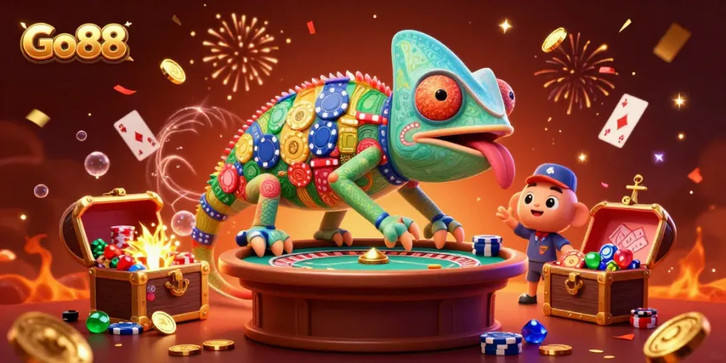 Engage with Go 88 in an exciting 3D casino scene filled with vibrant colors and dynamic game elements.