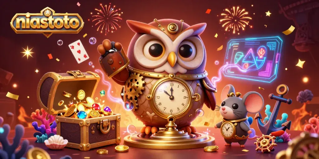 Engage in thrilling gameplay with niastoto, showcasing a vibrant steampunk casino scene filled with treasure and excitement.
