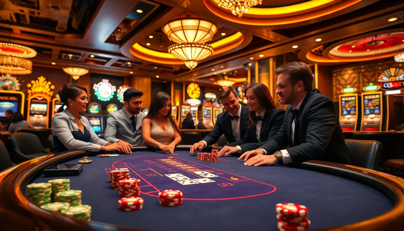 tkp188 menggambarkan suasana kasino yang meriah di meja blackjack yang ramai.