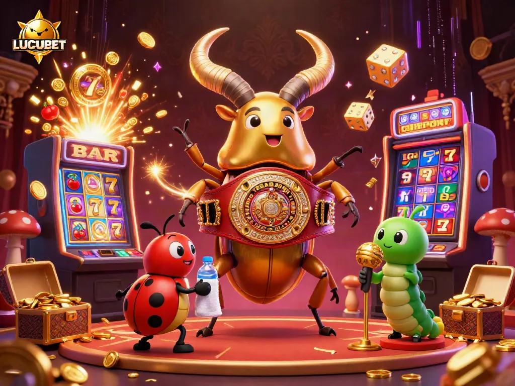 LUCUBET features a vibrant scene with a golden stag beetle champion and casino elements bursting with excitement.