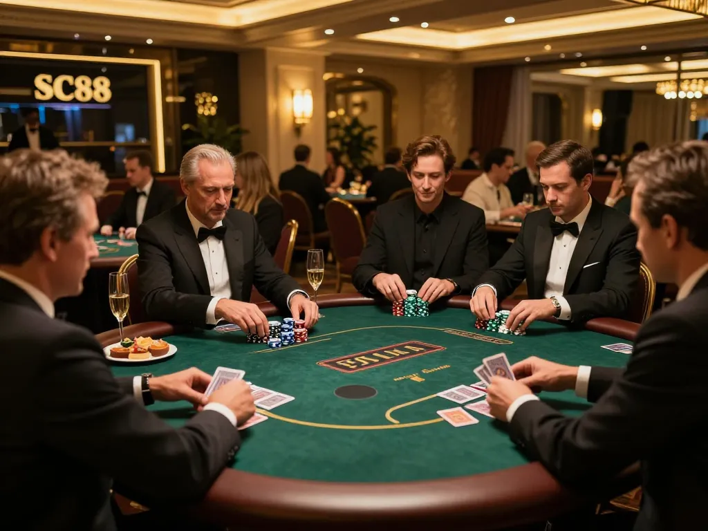 Engaged players in SC88 Vip poker game, showcasing strategy and stakes.