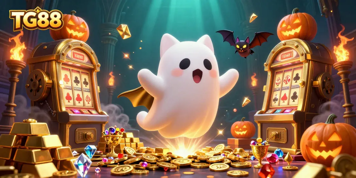 Experience thrilling gaming at TG88 with vibrant visuals of a ghost cat, treasures, and casino excitement.