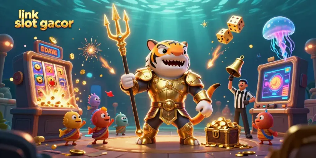 Mainkan link slot gacor di dalam ilustrasi 3D yang penuh warna dan energik dengan simbol keberuntungan dan suasana kasino di bawah laut.