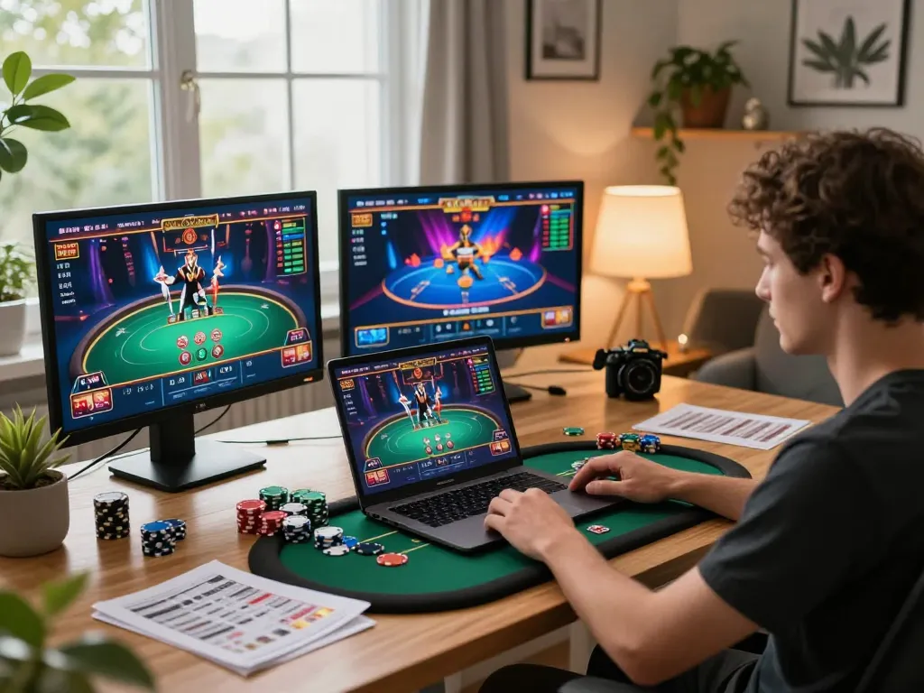 Permainan poker online HOKI368 di pengaturan rumah yang nyaman dengan visual yang menarik dan elemen permainan yang bertanggung jawab.