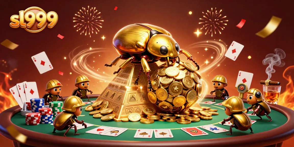 Experience sl999's vibrant gaming world with colorful casino elements and dynamic beetle characters.
