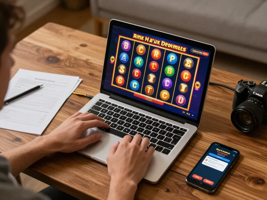 Terlibat dalam permainan slot online di OKESLOT, menampilkan grafis yang cerah dan catatan strategis.