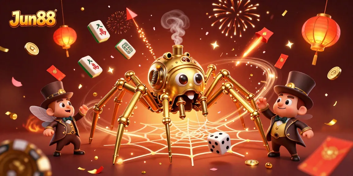 Experience Jun88 gameplay with a steampunk spider and festive casino elements in this vibrant illustration.