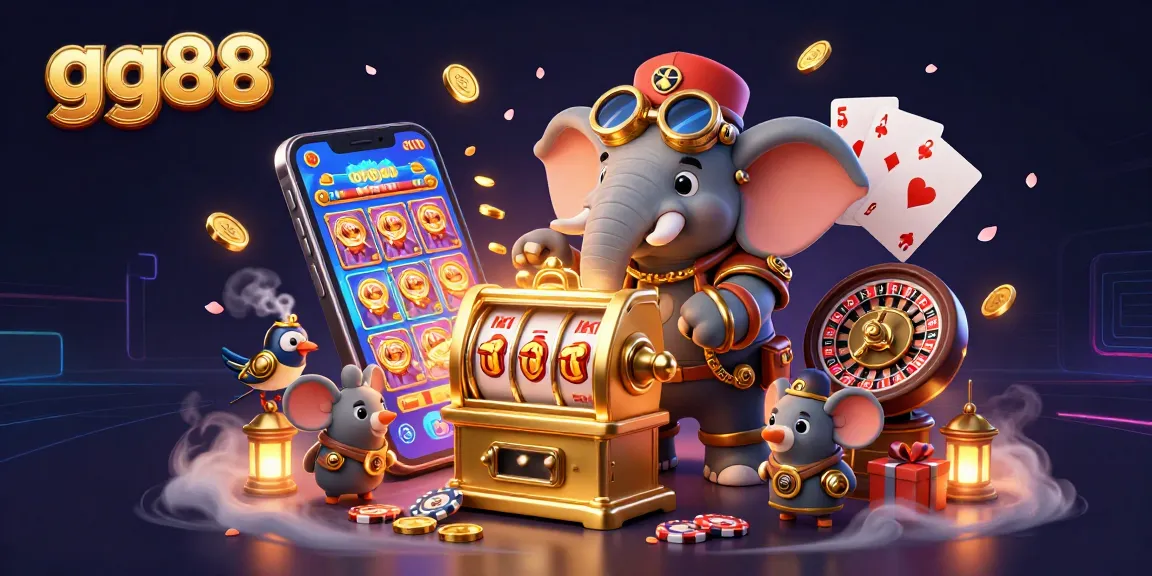 Engage in thrilling gaming action with gg88, featuring a steampunk elephant at a golden slot machine and dynamic game elements.