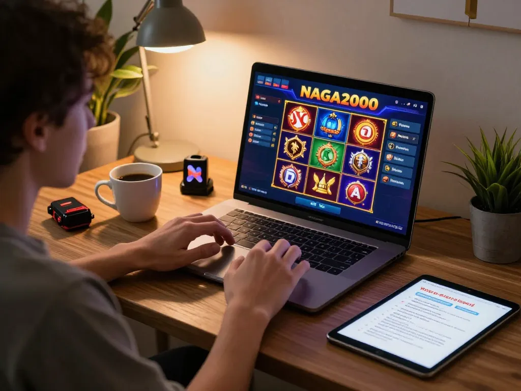 NAGA2000 player engaging with slot games on a laptop at home, showcasing a cozy gaming environment