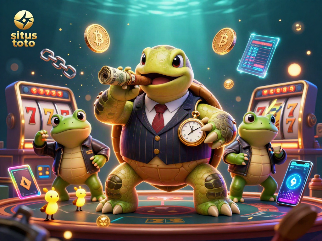 Menang dengan situs toto sambil bermain slot bertema kasino yang dikelilingi karakter unik dalam ilustrasi 3D.