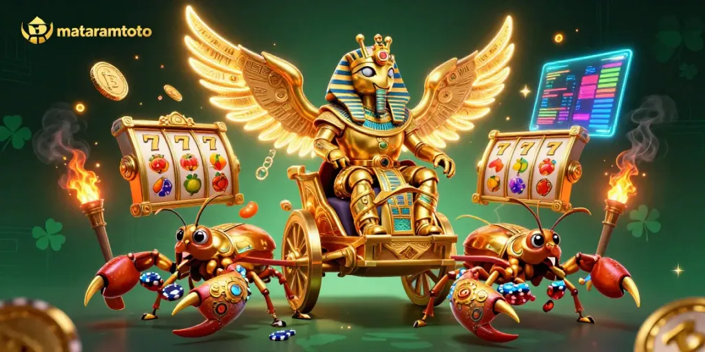 Engage with exciting mataramtoto gaming in a vibrant casino scene featuring a dazzling golden scarab beetle.