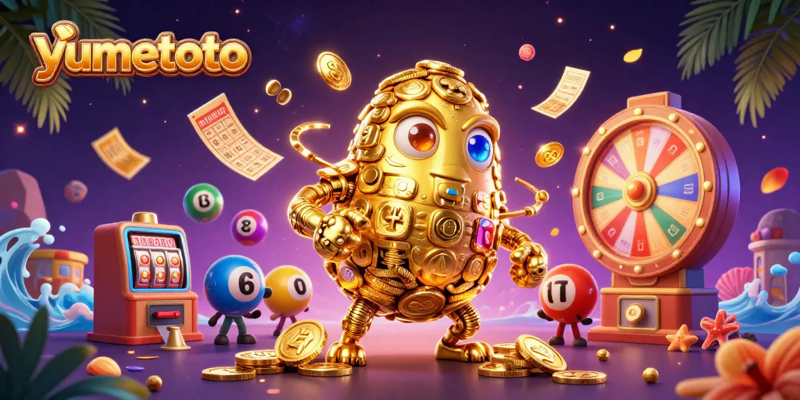 Experience the thrill of yumetoto gaming with vibrant lottery elements and a golden golem.