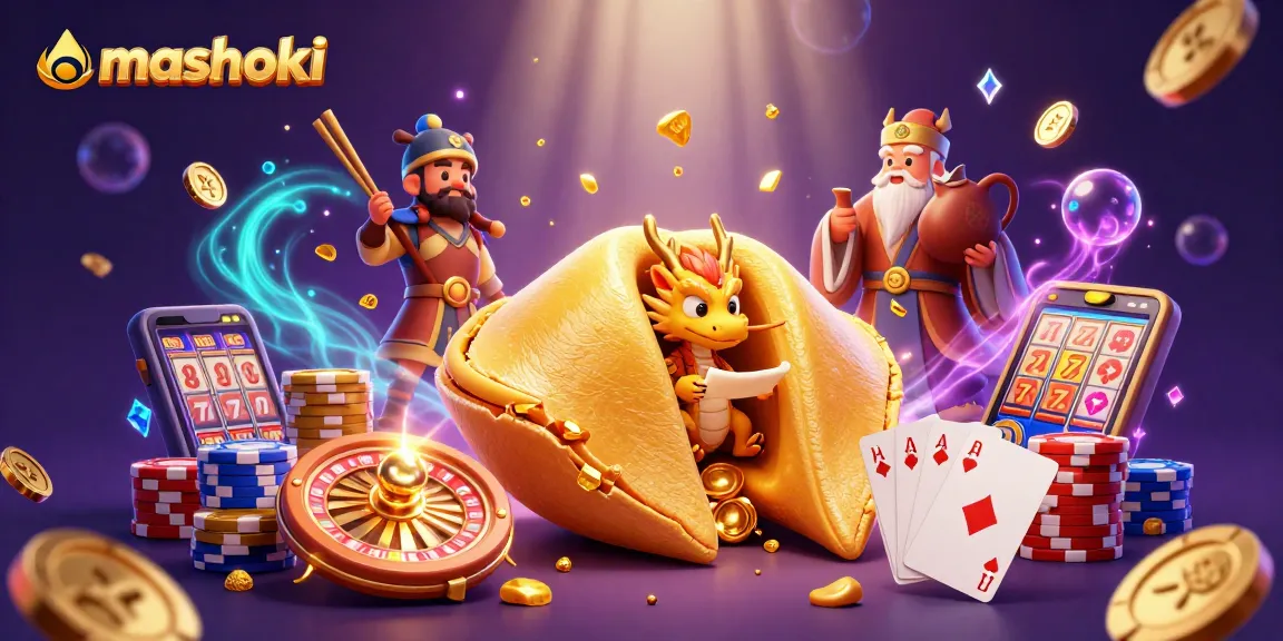 Engage in mashoki's vibrant casino scene with golden elements and magical characters.