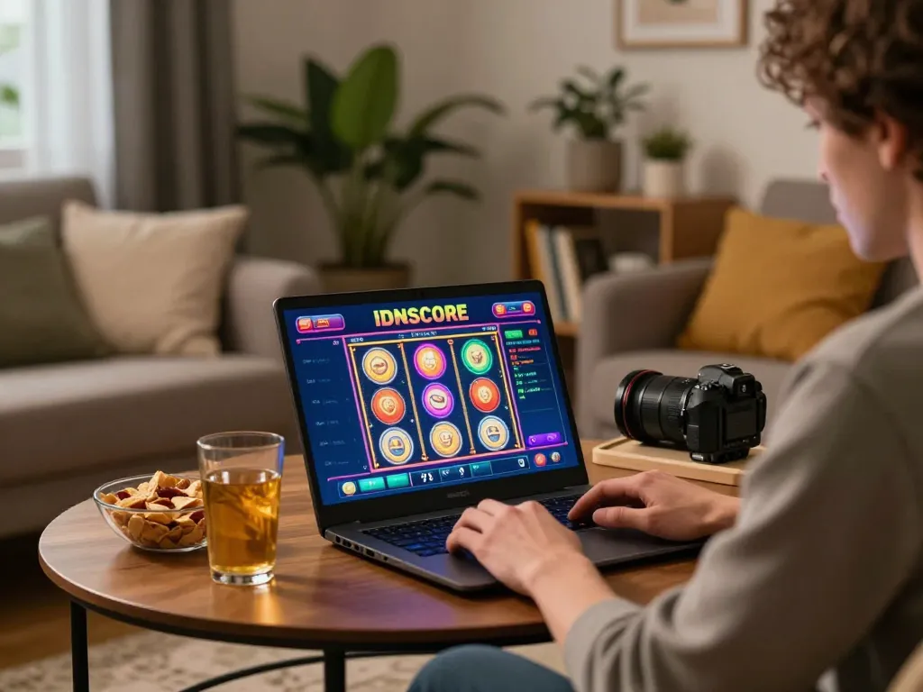 IDNSCORE user engaged in online betting with vibrant slot screen and cozy setting.