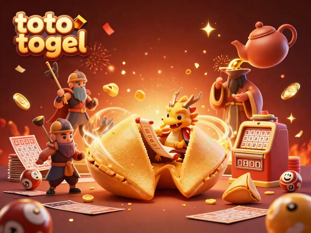 Experience the excitement of toto togel with a captivating 3D illustration featuring a golden fortune cookie and whimsical characters.