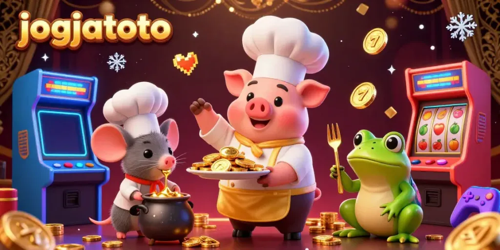 Experience thrilling gaming with jogjatoto's vibrant digital casino scene filled with gold coins and slot symbols.