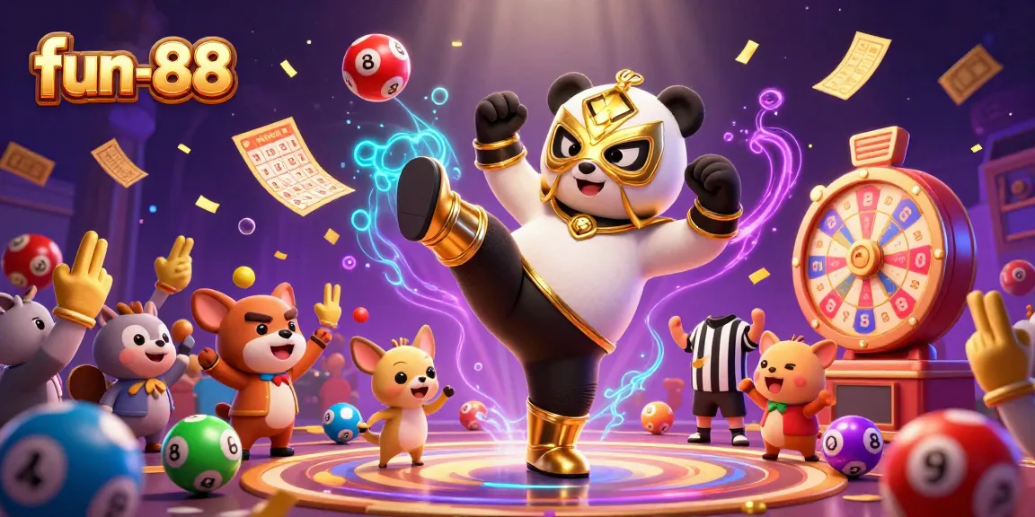 Experience fun-88 excitement with a thrilling 3D scene of animated casino elements and vibrant characters.
