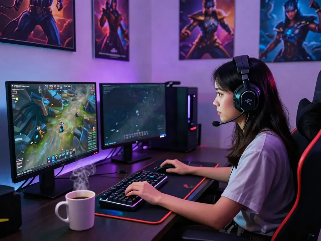 Gamer terlibat dalam permainan online menggunakan headset dengan monitor menampilkan grafik game, menciptakan suasana energik untuk bukumimpi138.