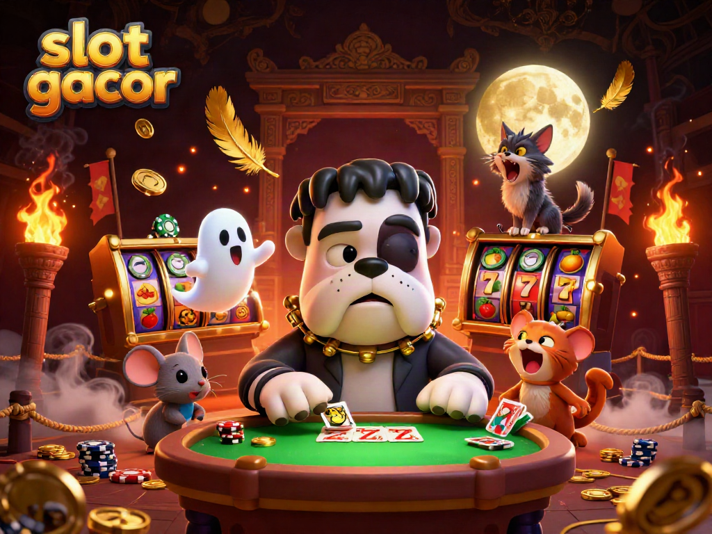 Slot gacor menunjukkan monster bulldog Frankenstein 3D yang dealer kartu dengan elemen kasino.
