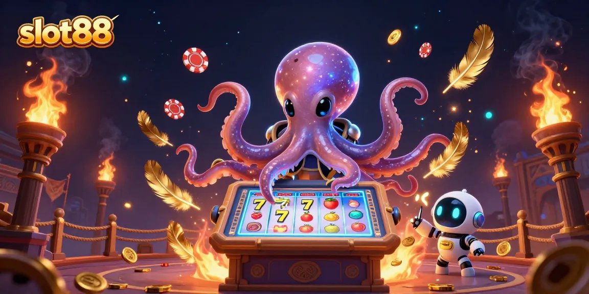 Slot88 menghadirkan keseruan mesin slot dengan alien dan robot dalam ilustrasi 3D.