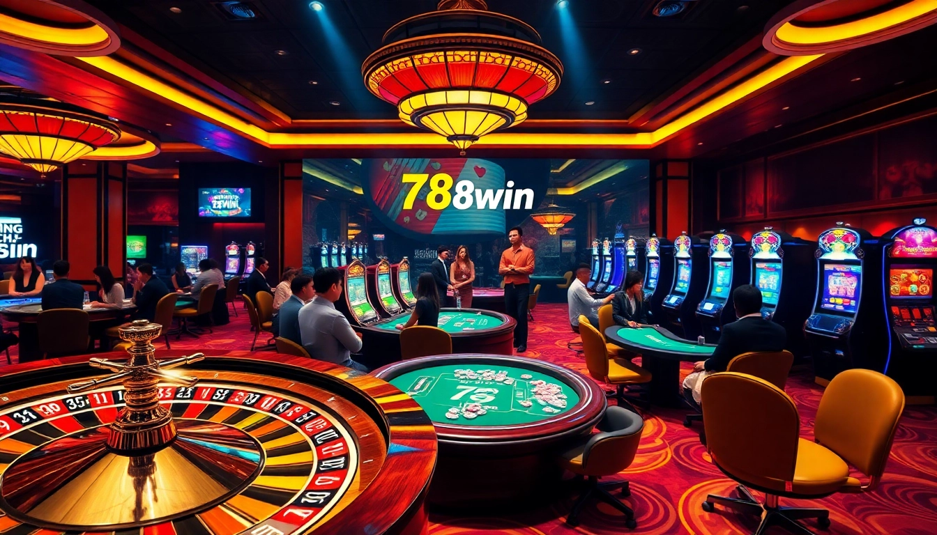 Experience the thrill of 'Trang chủ 78win' with vibrant casino games, players at poker tables, and exciting slot machines.