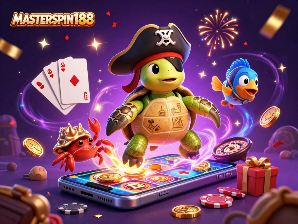 Engage with MASTERSPIN188's thrilling gaming scene featuring a pirate turtle and vibrant slot elements.