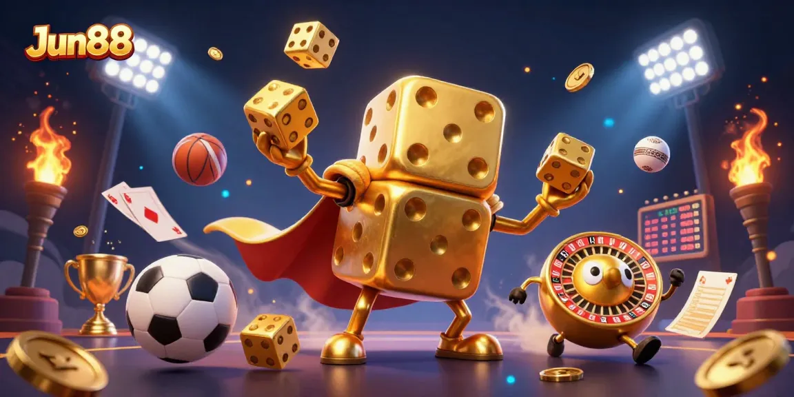 Engage with Jun88's thrilling online gaming experience via interactive sports elements and casino graphics.
