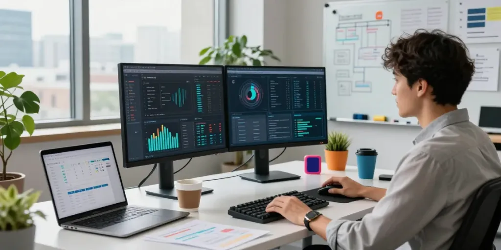 Data analyst at workstation analyzing jebol wd solutions with dual monitors.
