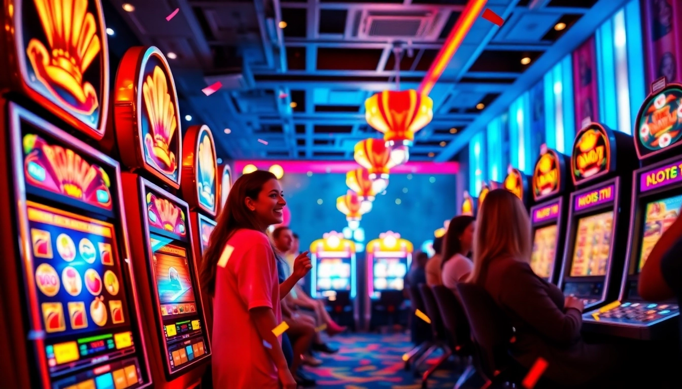 Exciting scene of slot gacor gaming with vibrant slot machines and joyful players celebrating wins.