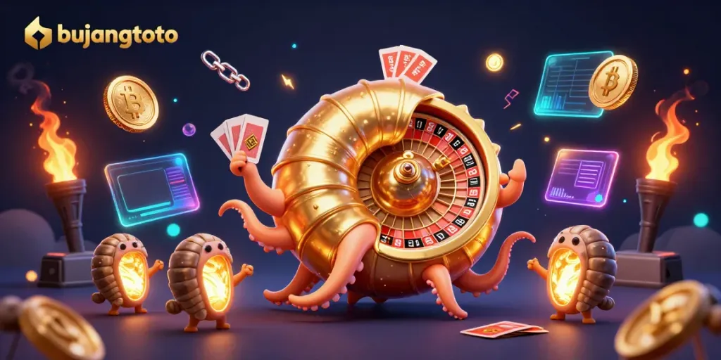 Engage with the bujangtoto experience, featuring a giant nautilus roulette wheel, vibrant crypto coins, and glowing ammonite companions.