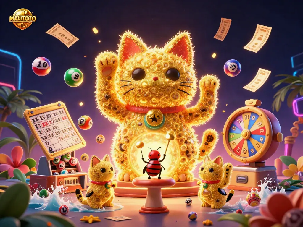 MALITOTO showcases a dynamic 3D cartoon scene of a lucky cat and vibrant casino symbols, promoting interactive gaming fun.