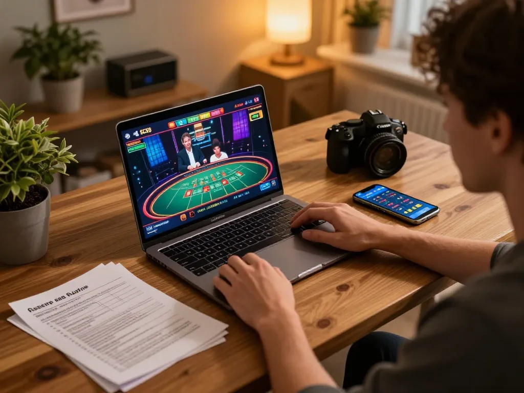 Player using SC88 online casino gaming interface on laptop, showcasing strategic betting elements.