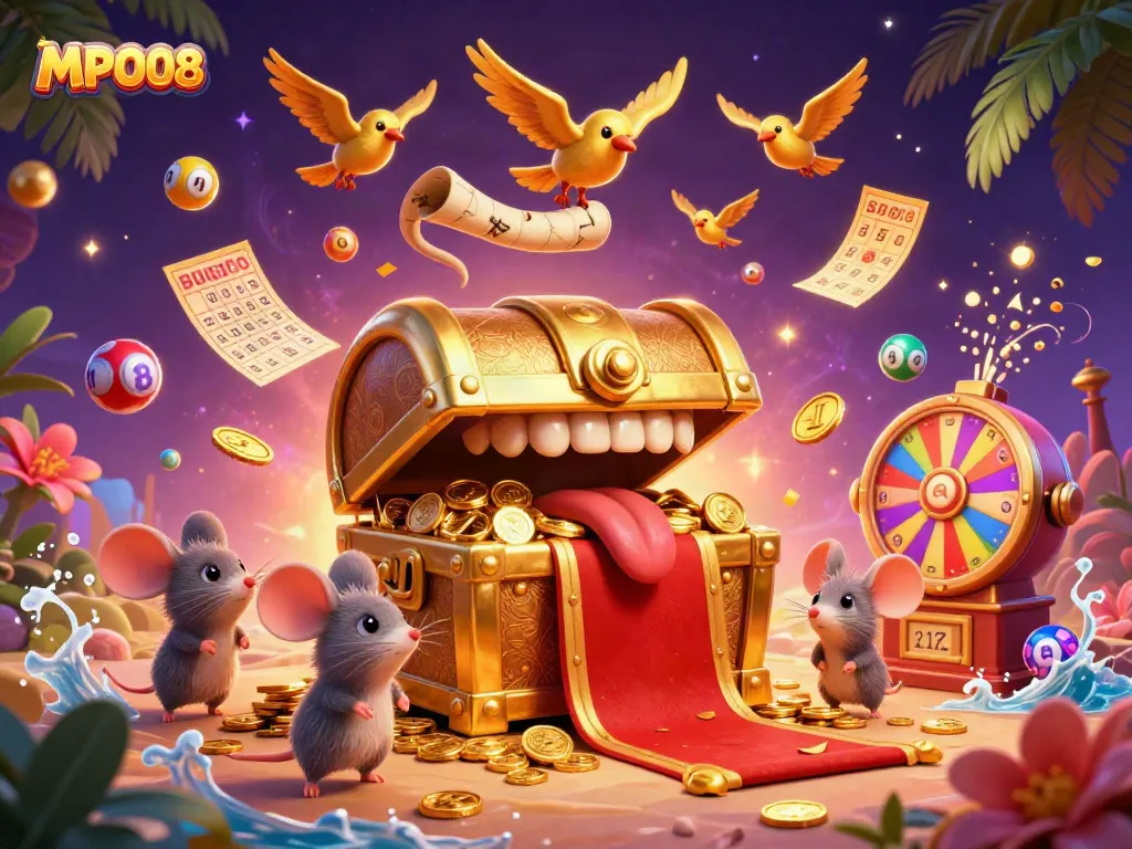 Engage with MPO08's enticing prize scene featuring colorful lottery elements in a vibrant digital illustration.