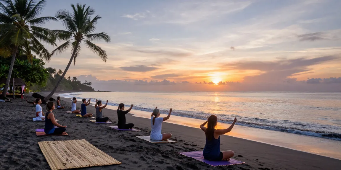 Participants practicing Qi Gong Bali at sunrise on a tranquil beach, embodying wellness.