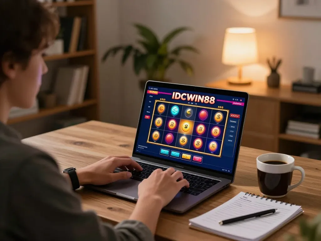 IDCWIN88 slot game displayed on a laptop, showcasing exciting gameplay in a cozy home setting.